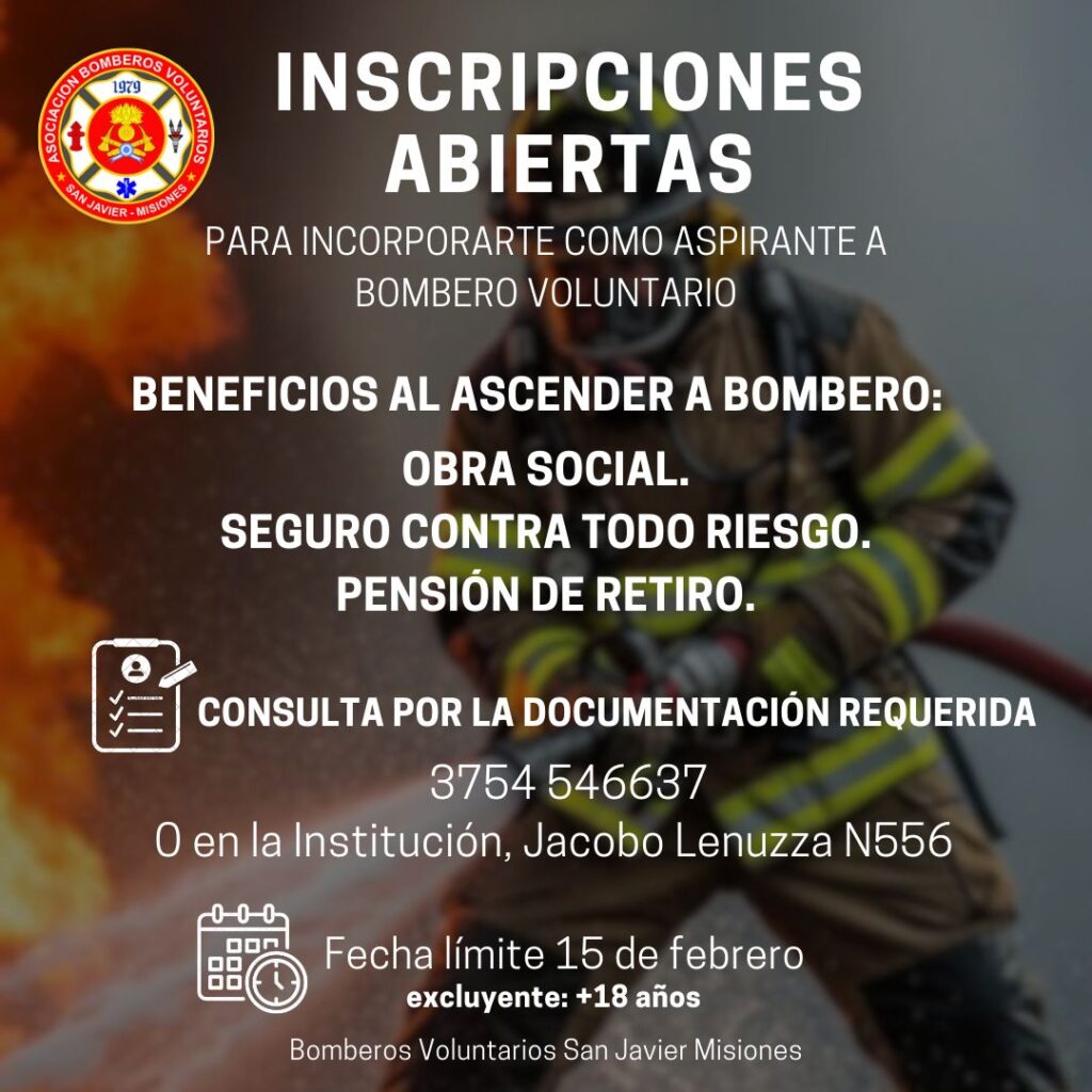 Abiertas las inscripciones para formar parte de las filas del cuartel de Bomberos Voluntarios de San Javier 2 Abiertas las inscripciones para formar parte de las filas del cuartel de Bomberos Voluntarios de San Javier imagen-1