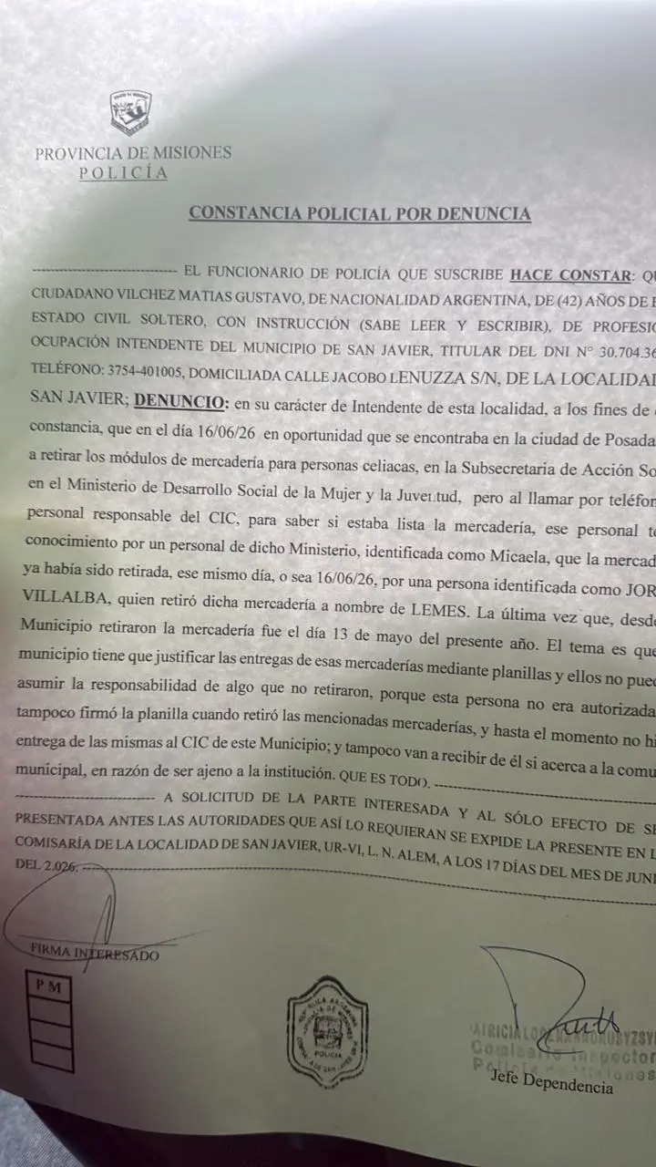 San Javier: el intendente denunció el retiro irregular de módulos alimentarios para personas celíacas imagen-1