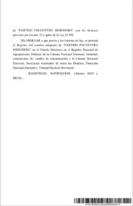 La Justicia Federal Electoral reconoció oficialmente a Encuentro Misionero 4 La Justicia Federal Electoral reconoció oficialmente a Encuentro Misionero imagen-3